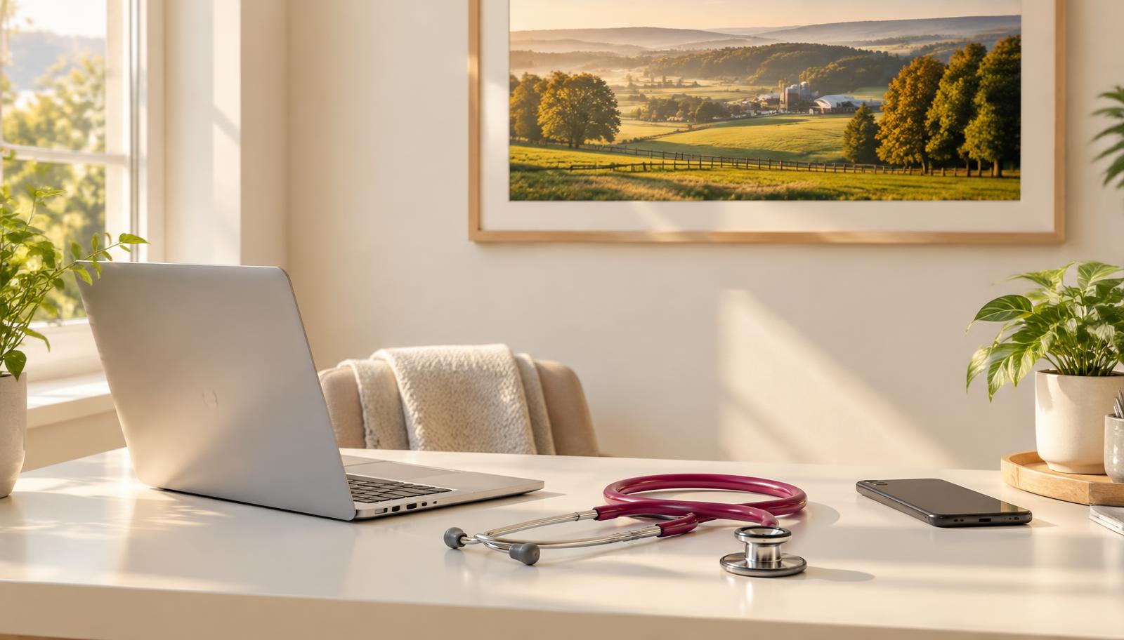 A laptop, cell phone, and stethoscope on a clean desk beneath a framed Lancaster, Pennsylvania countryside landscape