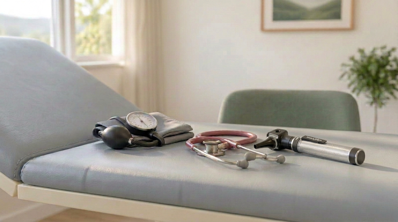 Blood pressure cuff, otoscope, and stethoscope on an exam table in the Fortis Health office